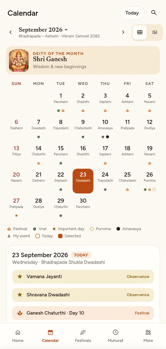 Month calendar with tithis and festivals